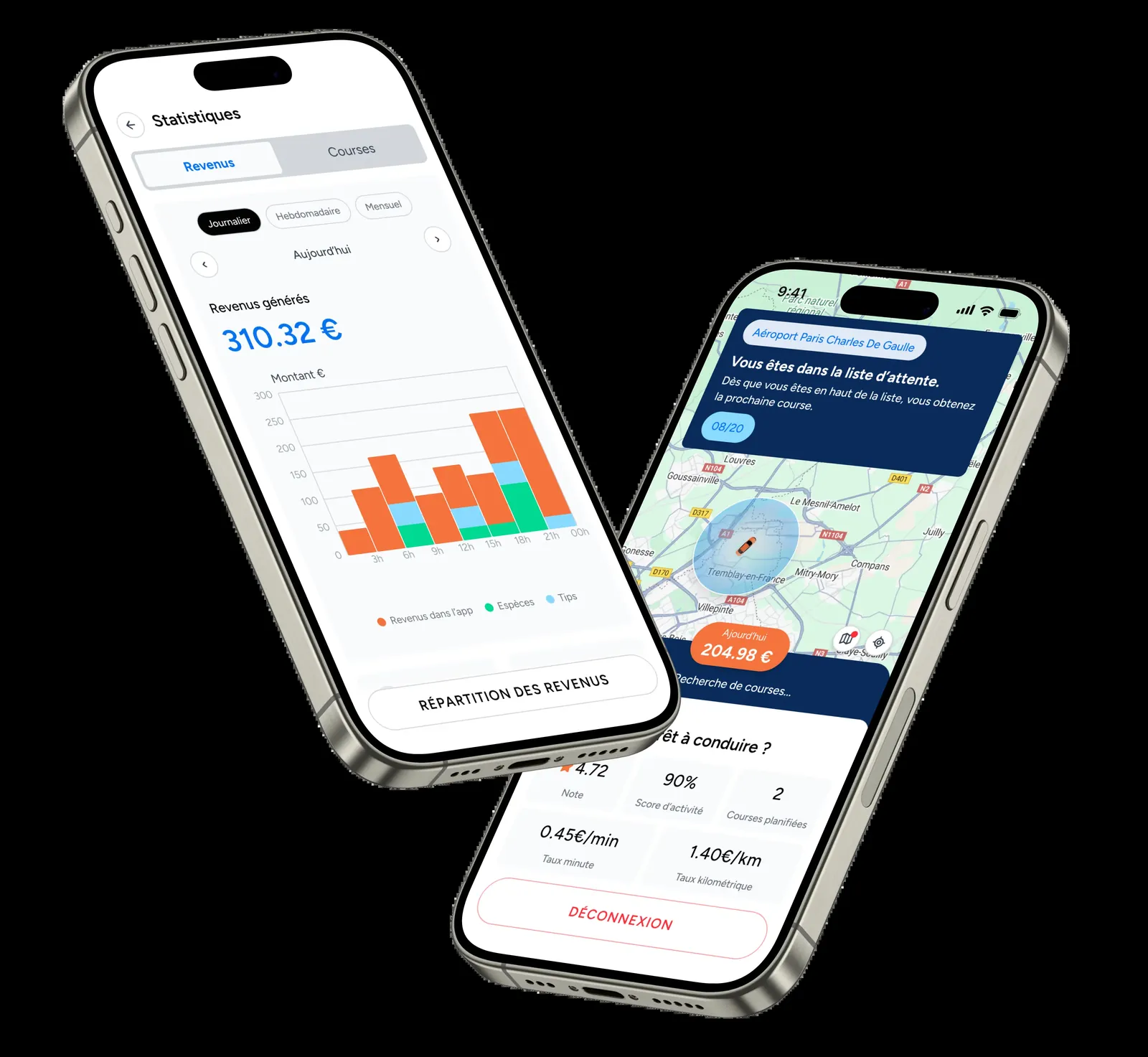 Application UP DRIVER : tableau de bord des revenus et carte