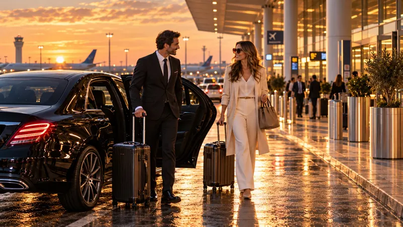Arrivée à l’aéroport avec chauffeur, valises à la main