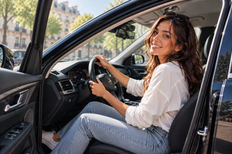 Conductrice souriante au volant, portière ouverte, dans une rue de Paris