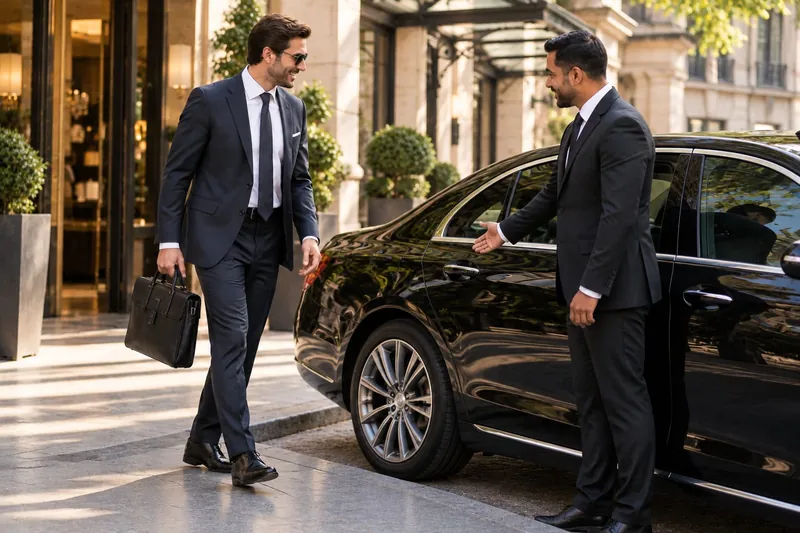 Chauffeur en costume accueillant un client d’affaires devant un hôtel parisien